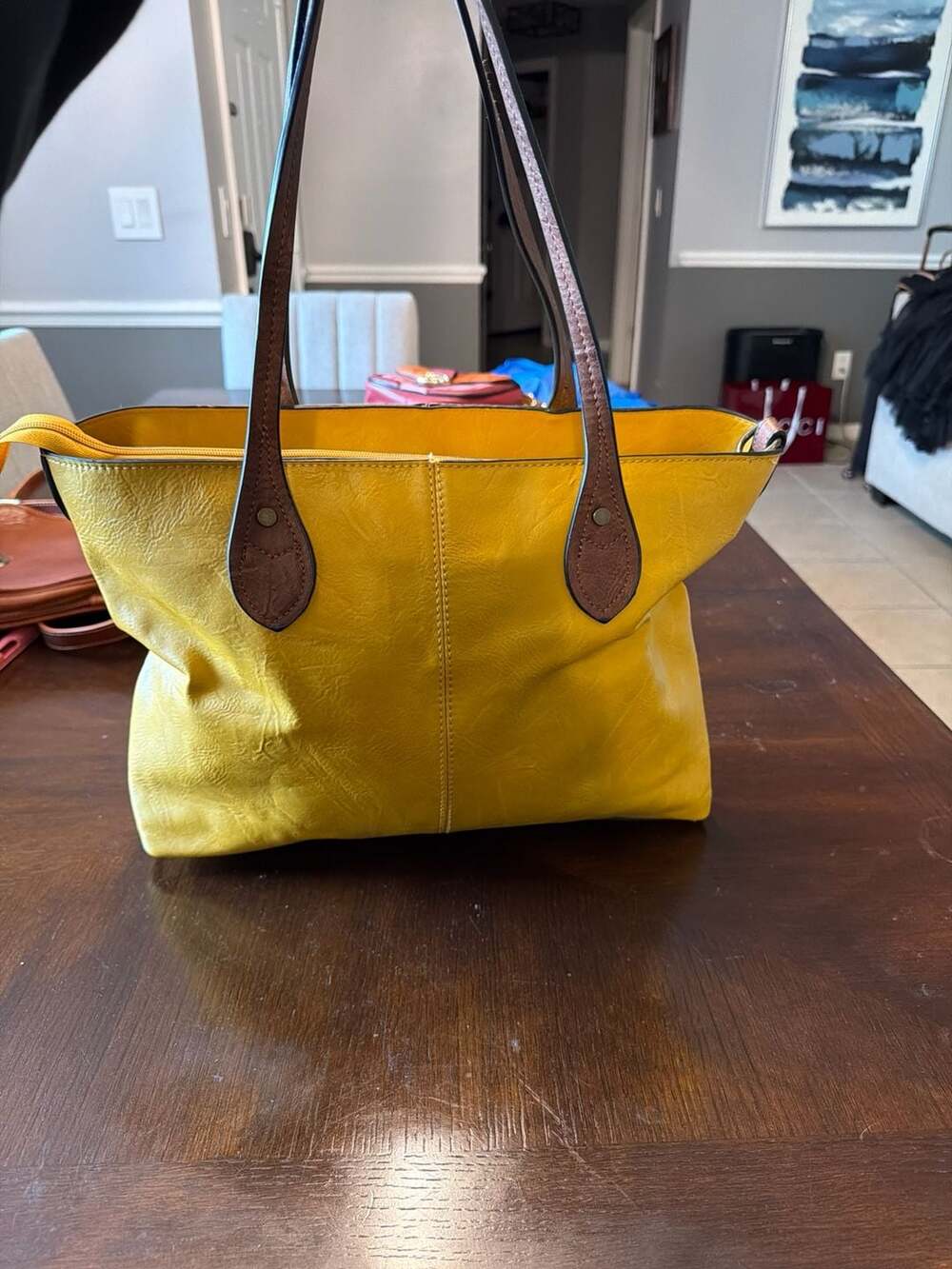 Kathy Ireland Mustard Yellow Vegan Leather Slouchy Tote Bag with Brown Straps